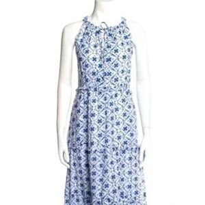 Caroline Constas White Blue Floral Halter Tiered Cottage Summer Maxi Dress